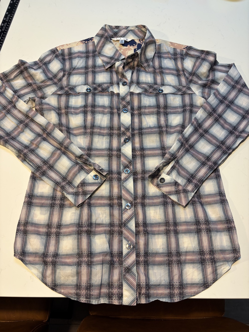 Cabi Festival Shirt Women's Plaid Floral Mixed Media Button Up Blue Pink Size S